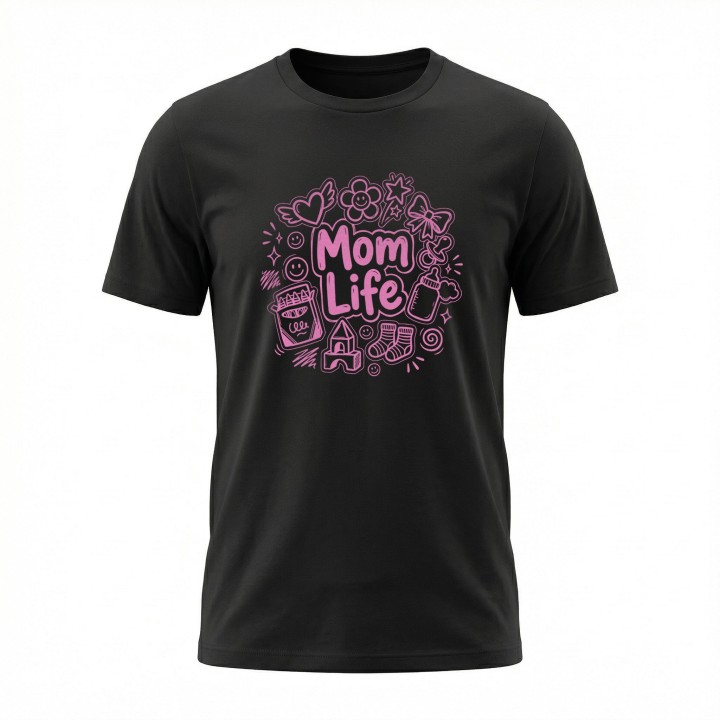 Koszulka Mom Life z rysunkami doodle – prezent dla kreatywnej mamy