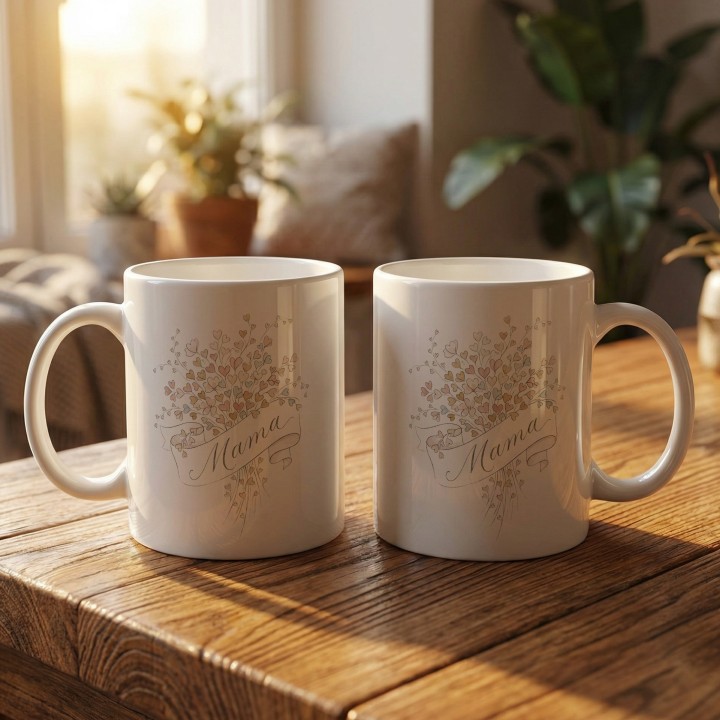 Kubek prezent dla mamy Akwarelowy Bukiet Serc – styl Boho Vintage