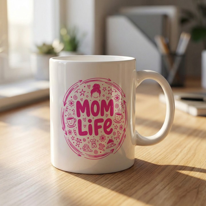 Kubek Mom Life różowy – prezent dla mamy z humorem styl doodle
