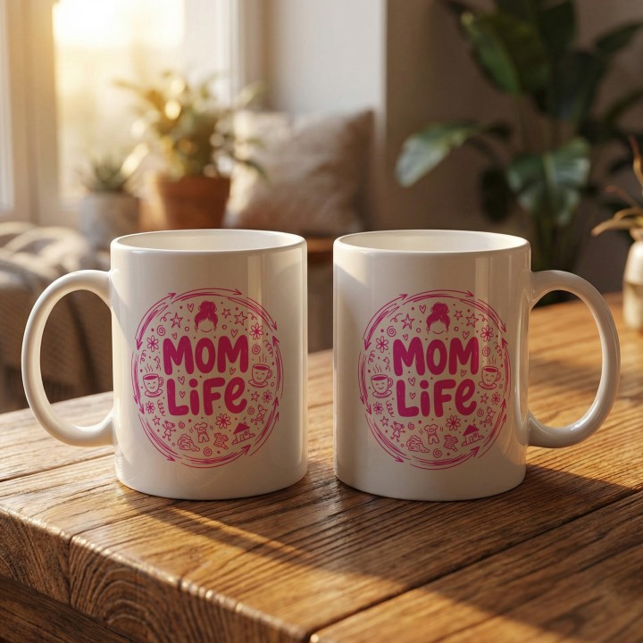Kubek Mom Life różowy – prezent dla mamy z humorem styl doodle