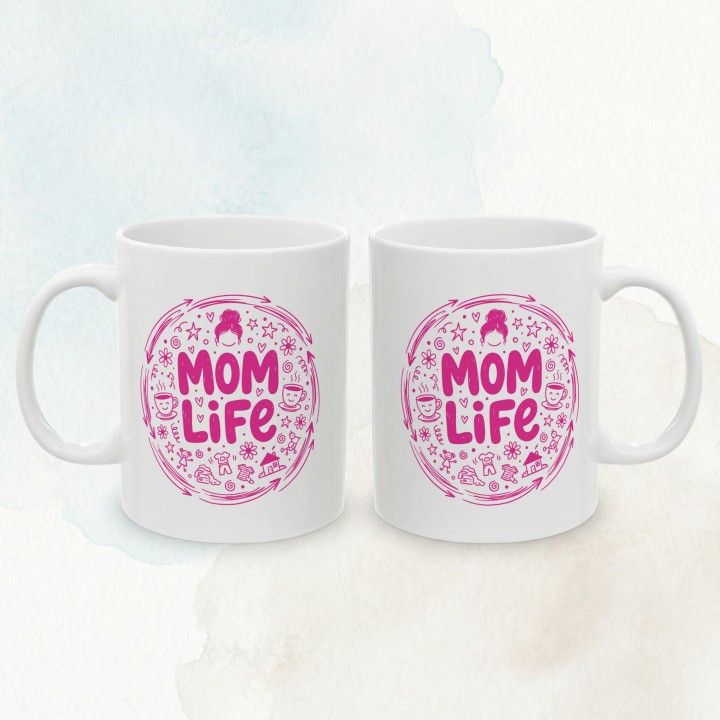 Kubek Mom Life różowy – prezent dla mamy z humorem styl doodle