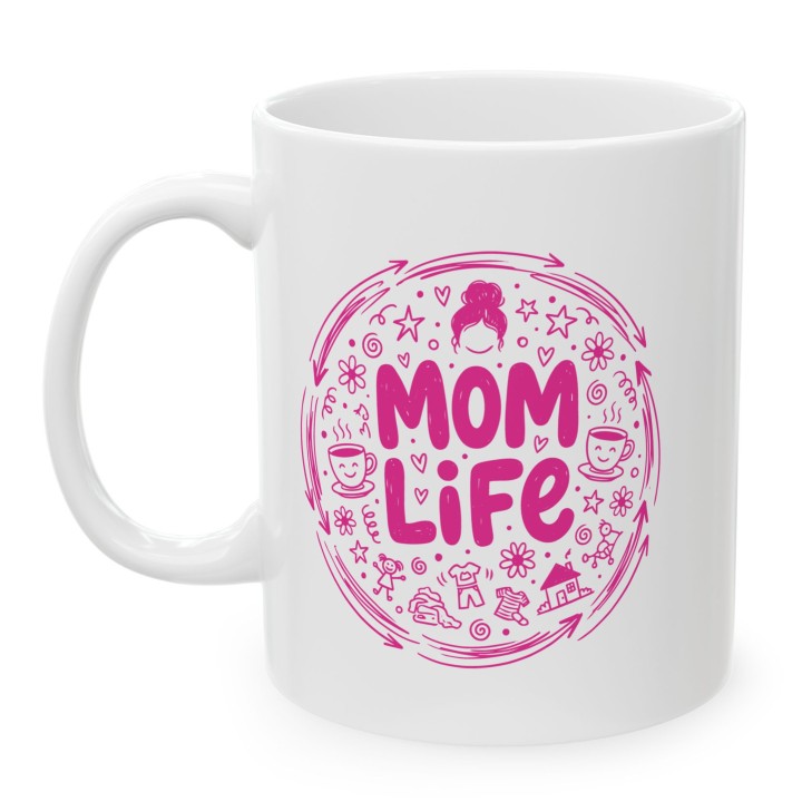 Kubek Mom Life różowy – prezent dla mamy z humorem styl doodle