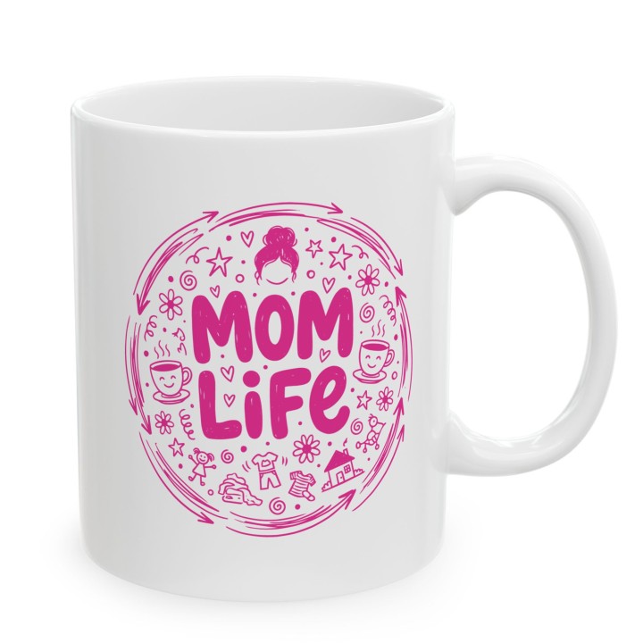 Kubek Mom Life różowy – prezent dla mamy z humorem styl doodle