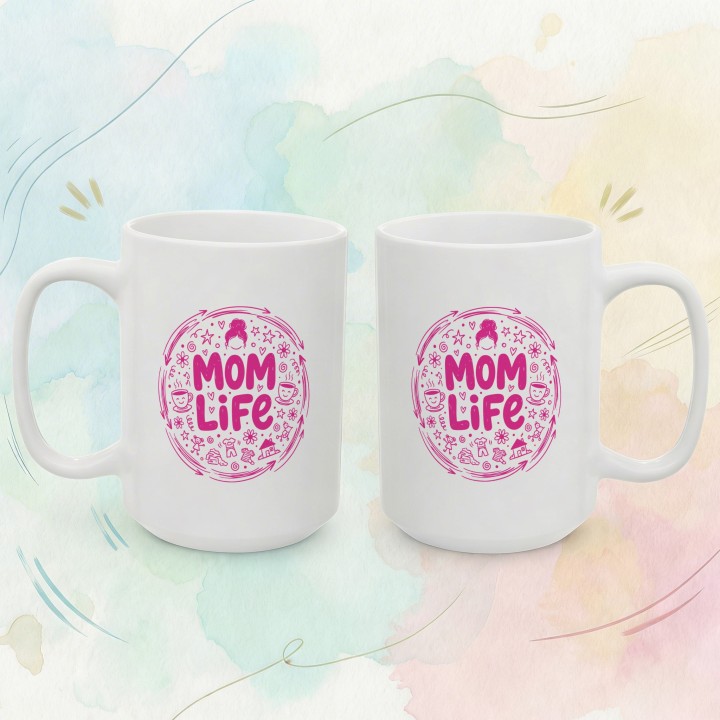Kubek Mom Life różowy – prezent dla mamy z humorem styl doodle