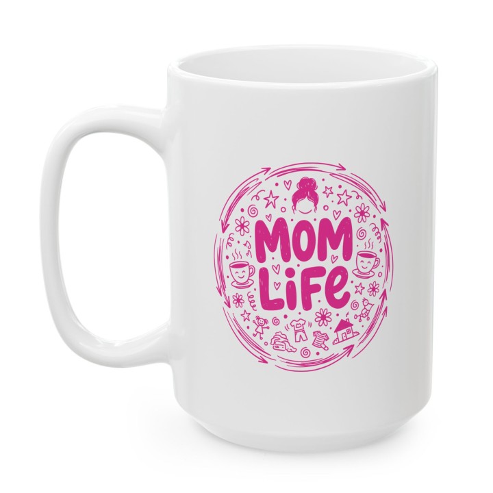 Kubek Mom Life różowy – prezent dla mamy z humorem styl doodle