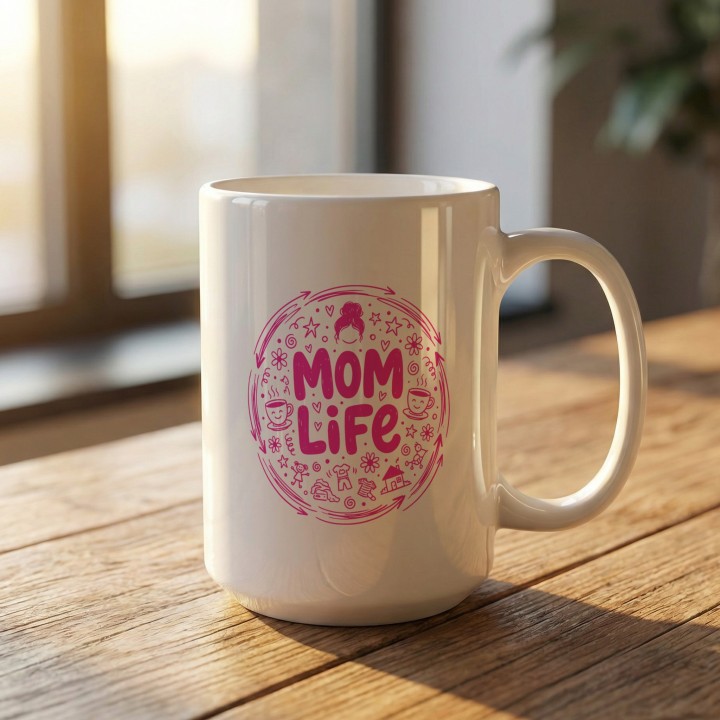 Kubek Mom Life różowy – prezent dla mamy z humorem styl doodle