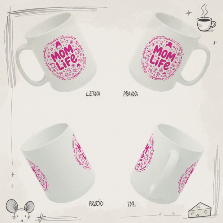 Kubek Mom Life różowy – prezent dla mamy z humorem styl doodle