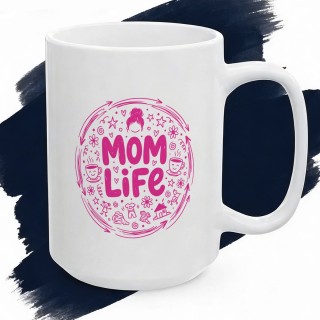 Kubek Mom Life różowy – prezent dla mamy z humorem styl doodle