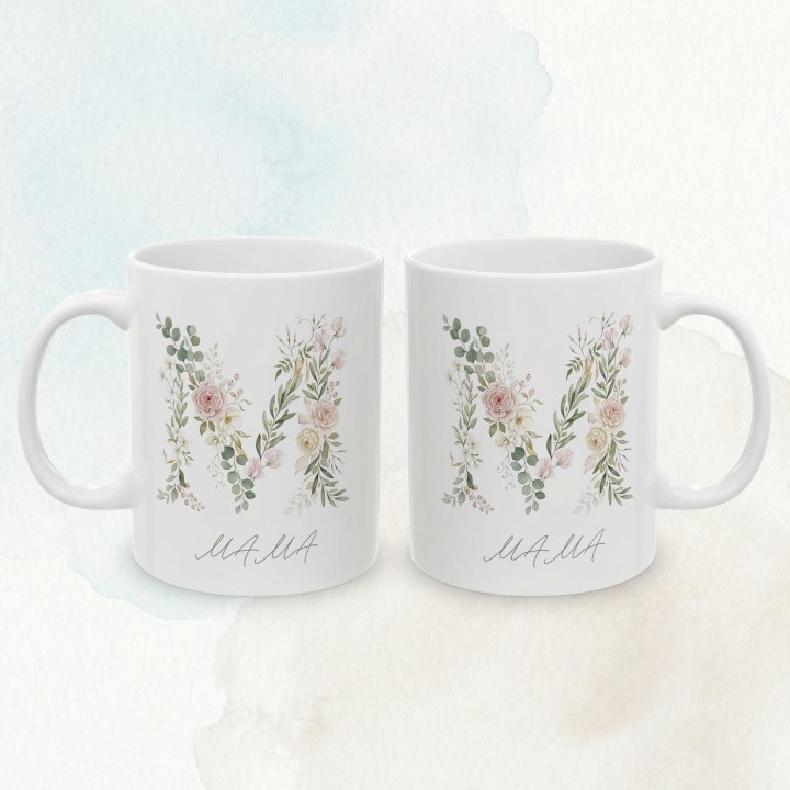 Kubek dla mamy kwiatowa litera M | Prezent na Dzień Matki akwarela