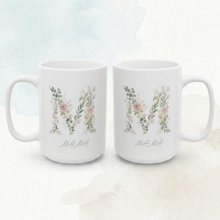 Kubek dla mamy kwiatowa litera M | Prezent na Dzień Matki akwarela