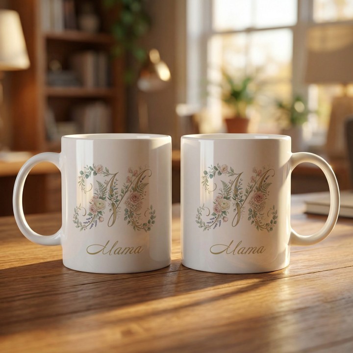 Kubek dla mamy złota litera M kwiaty | Elegancki prezent na Dzień Matki