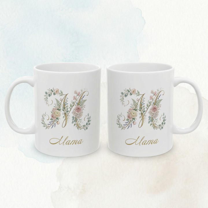 Kubek dla mamy złota litera M kwiaty | Elegancki prezent na Dzień Matki