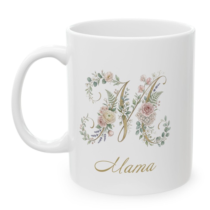 Kubek dla mamy złota litera M kwiaty | Elegancki prezent na Dzień Matki