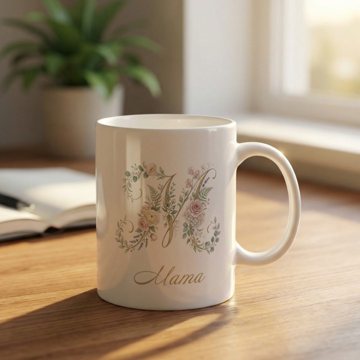 Kubek dla mamy złota litera M kwiaty | Elegancki prezent na Dzień Matki