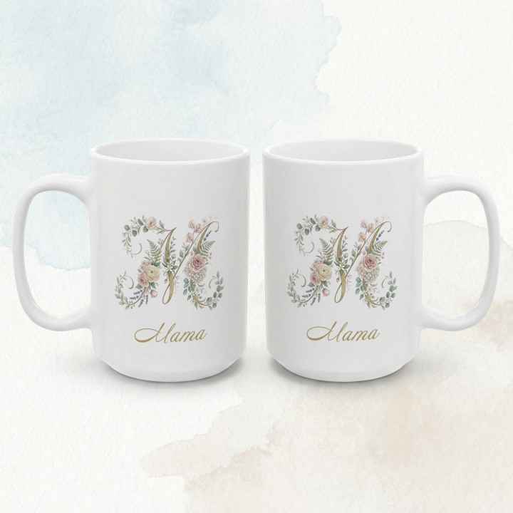 Kubek dla mamy złota litera M kwiaty | Elegancki prezent na Dzień Matki