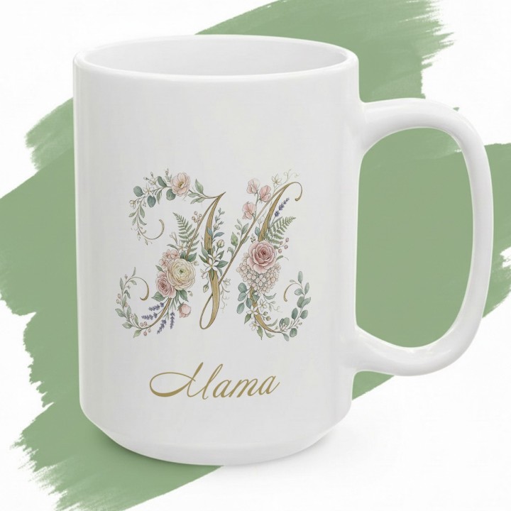 Kubek dla mamy złota litera M kwiaty | Elegancki prezent na Dzień Matki