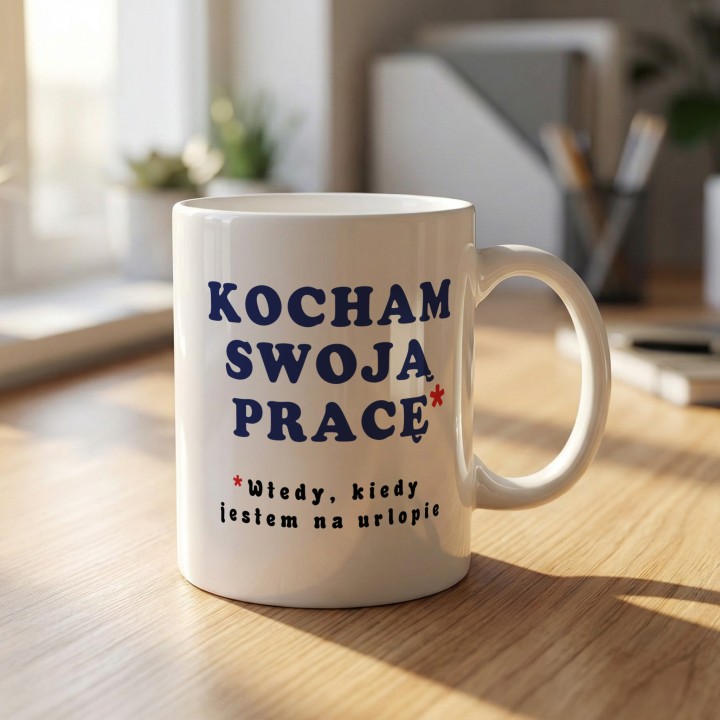 Kubek z nadrukiem „Kocham swoją pracę*” – śmieszny kubek o pracy i urlopie