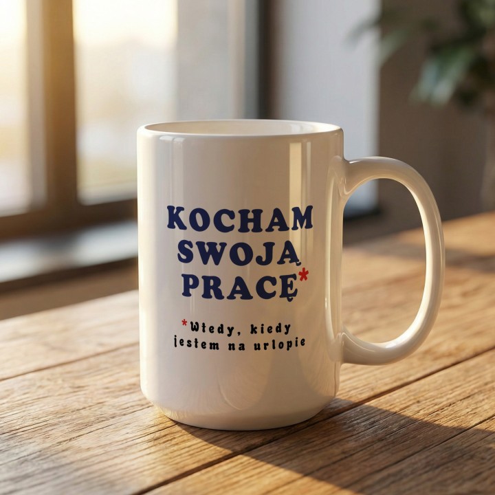 Kubek z nadrukiem „Kocham swoją pracę*” – śmieszny kubek o pracy i urlopie