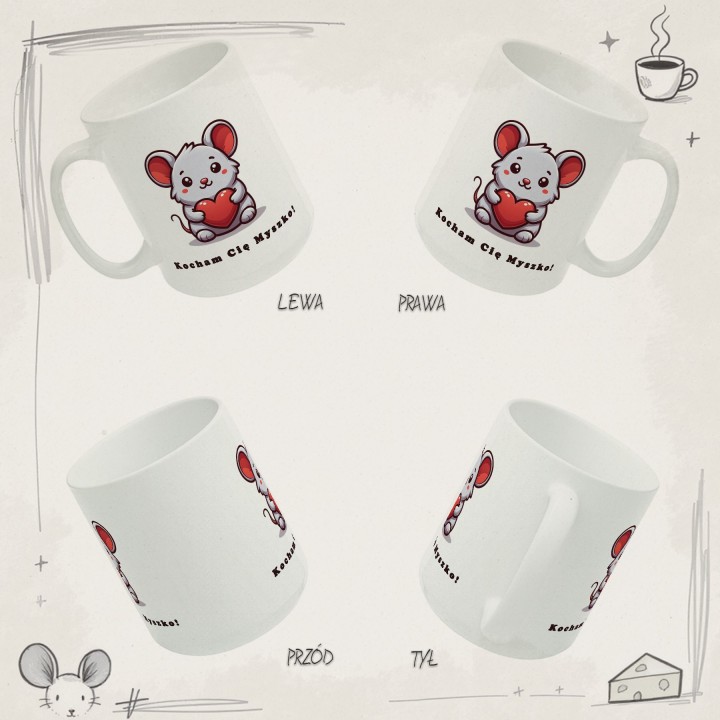 Kubek z nadrukiem „Kocham Cię Myszko!” – myszka z sercem na prezent