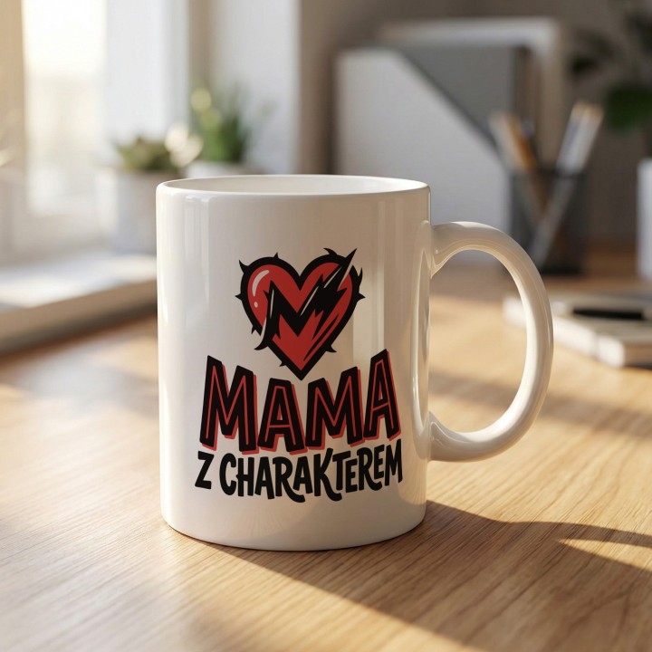 Kubek Mama z charakterem serce piorun | Prezent dla silnej mamy