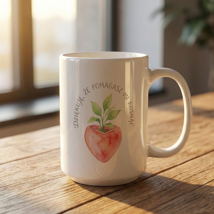 Kubek z nadrukiem Dziękuję że pomagasz mi rosnąć - prezent dla mamy, taty lub nauczyciela