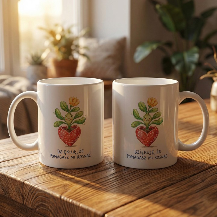 Kubek z uśmiechniętą roślinką Dziękuję, że pomagasz mi rosnąć - dla nauczyciela i mamy