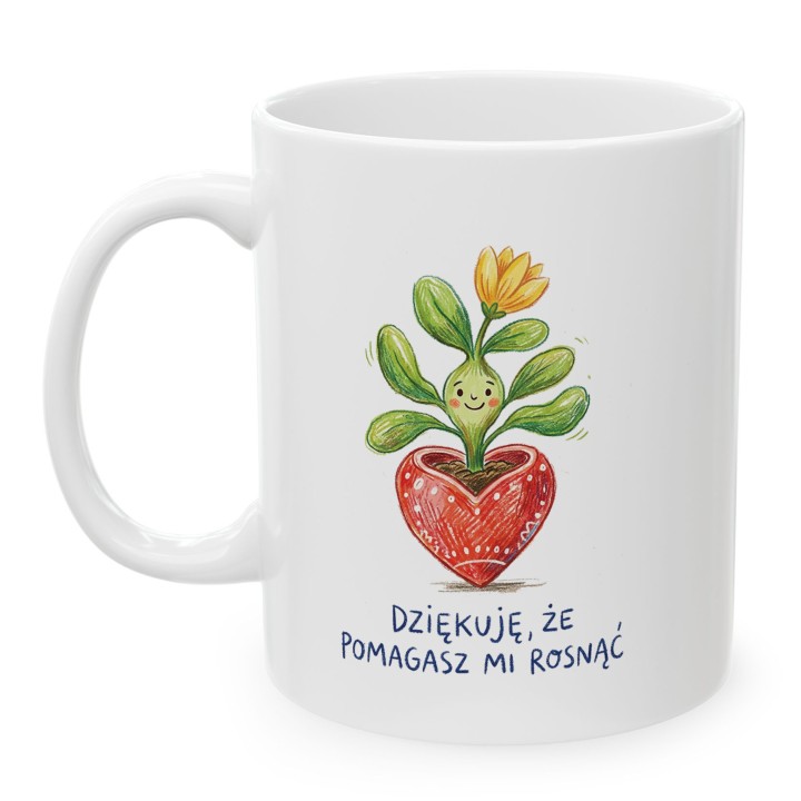 Kubek z uśmiechniętą roślinką Dziękuję, że pomagasz mi rosnąć - dla nauczyciela i mamy