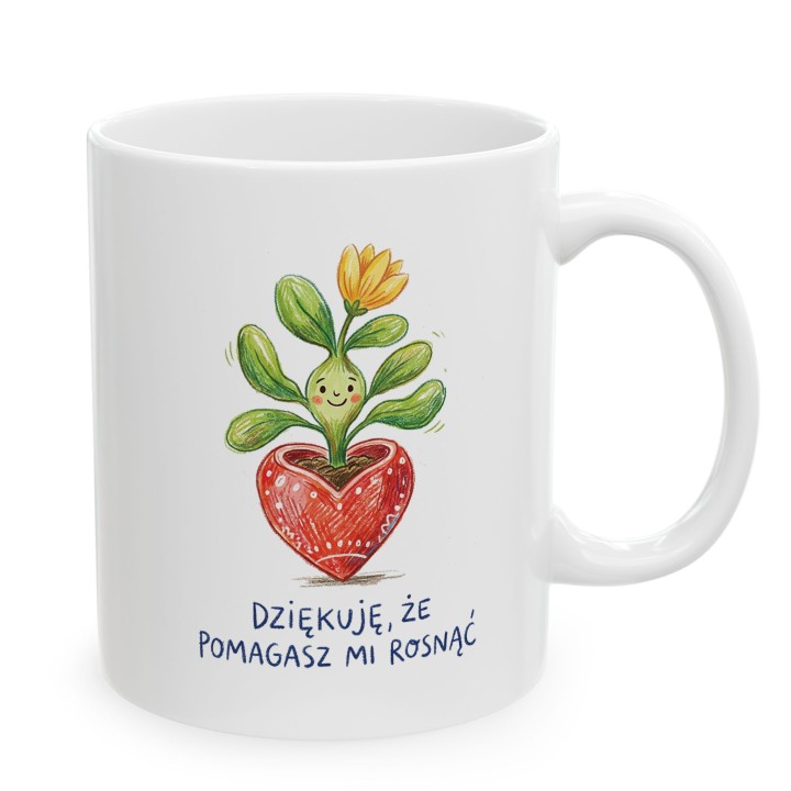 Kubek z uśmiechniętą roślinką Dziękuję, że pomagasz mi rosnąć - dla nauczyciela i mamy