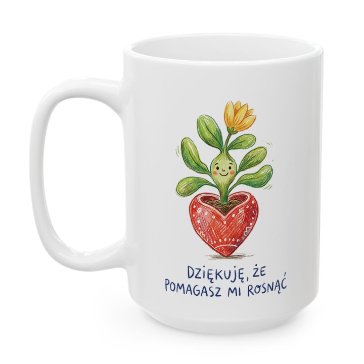 Kubek z uśmiechniętą roślinką Dziękuję, że pomagasz mi rosnąć - dla nauczyciela i mamy