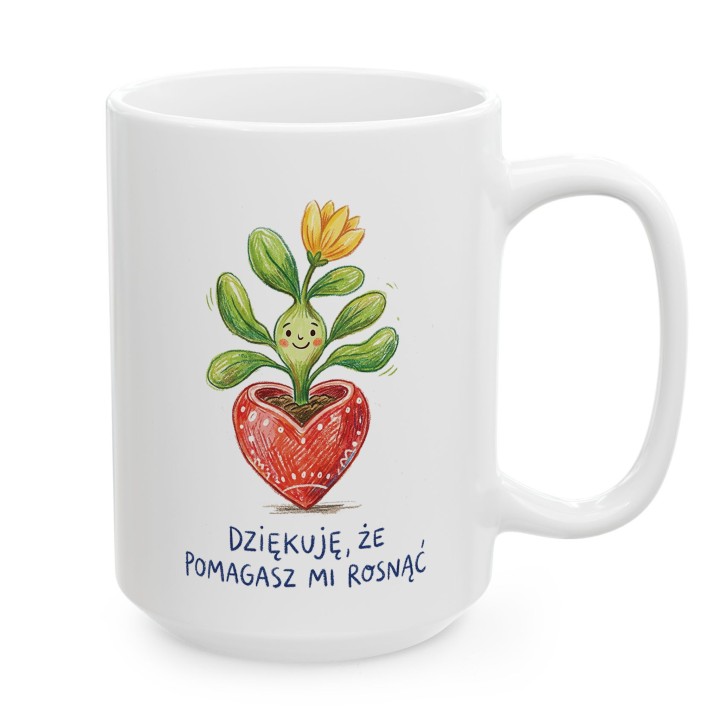 Kubek z uśmiechniętą roślinką Dziękuję, że pomagasz mi rosnąć - dla nauczyciela i mamy