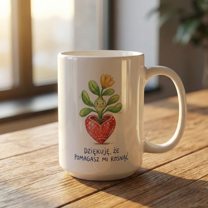 Kubek z uśmiechniętą roślinką Dziękuję, że pomagasz mi rosnąć - dla nauczyciela i mamy