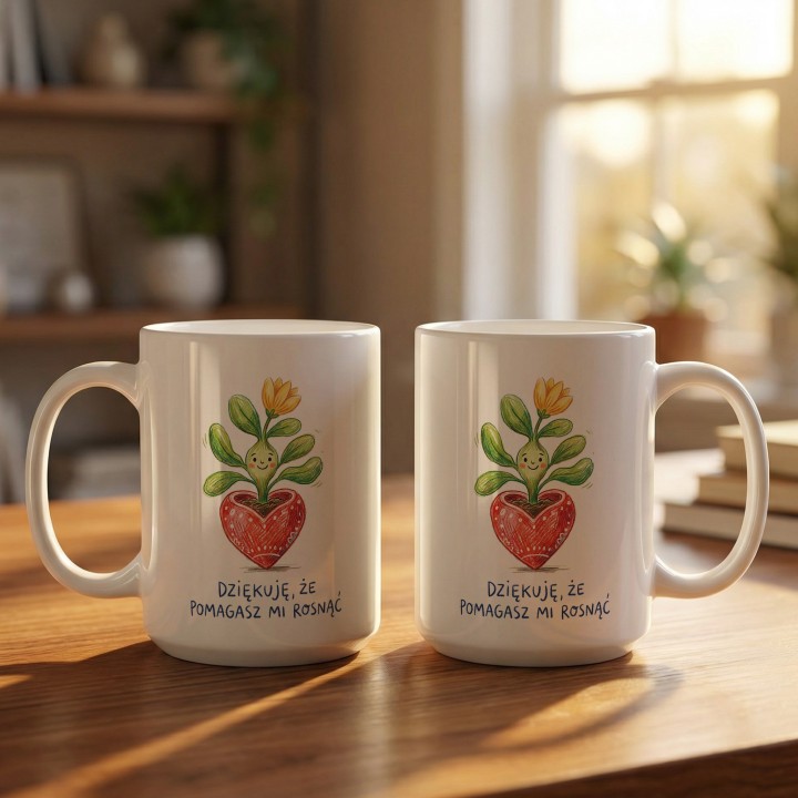 Kubek z uśmiechniętą roślinką Dziękuję, że pomagasz mi rosnąć - dla nauczyciela i mamy