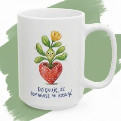 Kubek z nadrukiem Dziękuję, że pomagasz mi rosnąć z wesołą roślinką