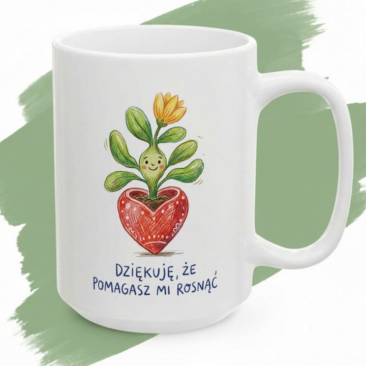 Kubek z uśmiechniętą roślinką Dziękuję, że pomagasz mi rosnąć - dla nauczyciela i mamy