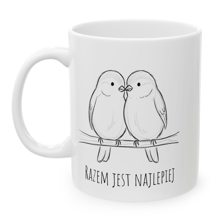 Kubek z nadrukiem dla pary – ptaszki „RAZEM JEST NAJLEPIEJ”