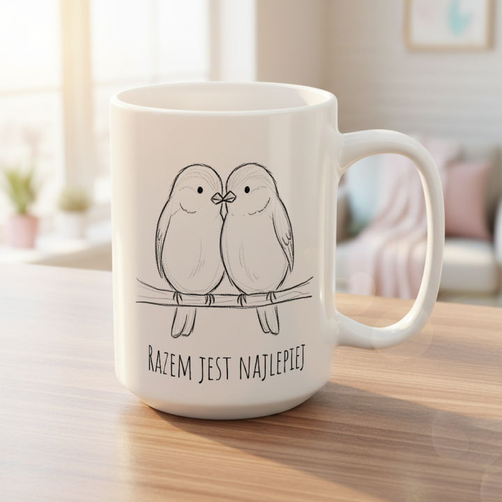 Kubek z nadrukiem dla pary – ptaszki „RAZEM JEST NAJLEPIEJ”