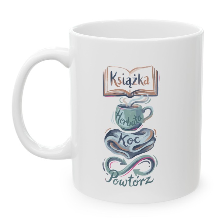 Kubek Książka Herbata Koc Powtórz | Prezent dla czytelnika | Styl Cozy
