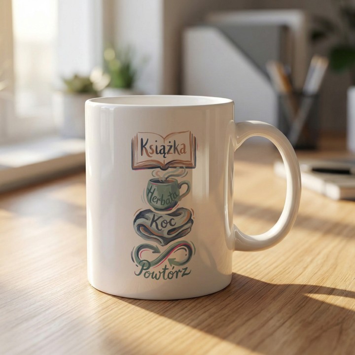 Kubek Książka Herbata Koc Powtórz | Prezent dla czytelnika | Styl Cozy
