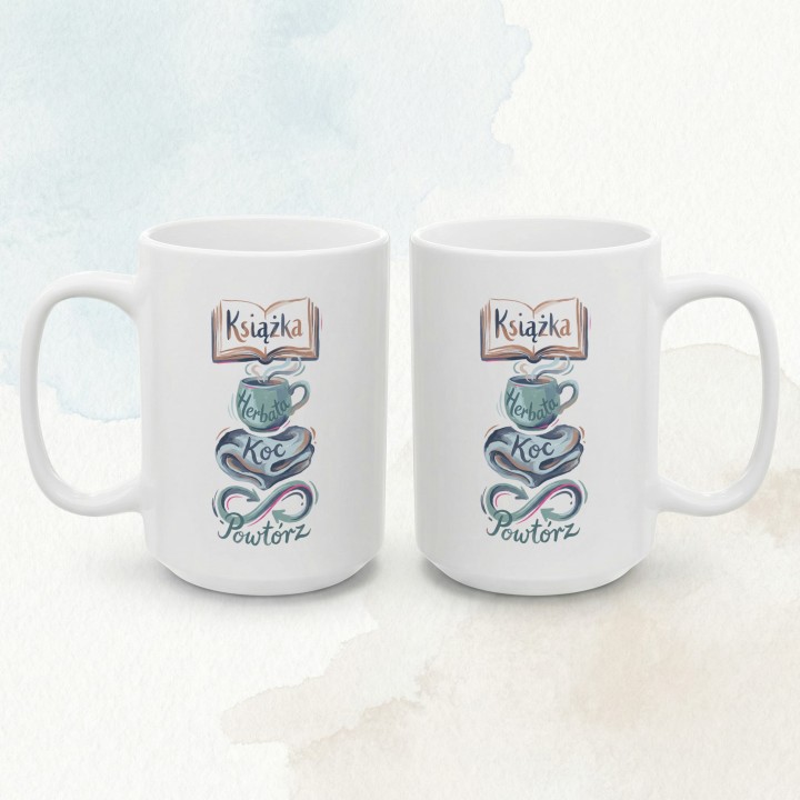 Kubek Książka Herbata Koc Powtórz | Prezent dla czytelnika | Styl Cozy