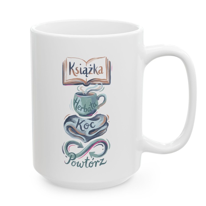 Kubek Książka Herbata Koc Powtórz | Prezent dla czytelnika | Styl Cozy