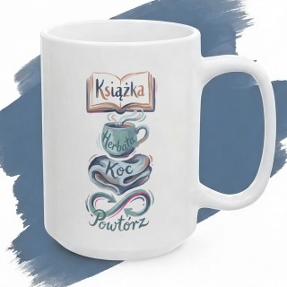 Kubek dla czytelnika z pionowym motywem „Książka Herbata Koc Powtórz”