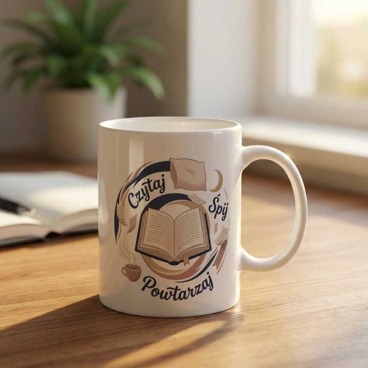 Kubek Czytaj Śpij Powtarzaj – Prezent dla mola książkowego | Cozy Vibe