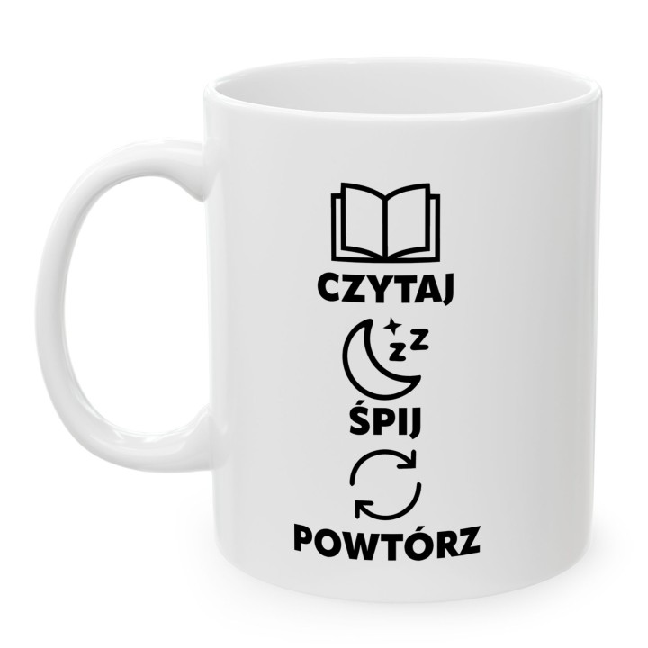Kubek mola książkowego Czytaj Śpij Powtarzaj | Artystyczny prezent dla czytelnika