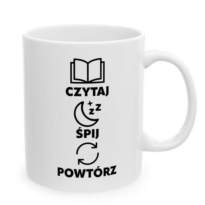 Kubek mola książkowego Czytaj Śpij Powtarzaj | Artystyczny prezent dla czytelnika