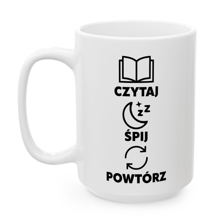 Kubek mola książkowego Czytaj Śpij Powtarzaj | Artystyczny prezent dla czytelnika