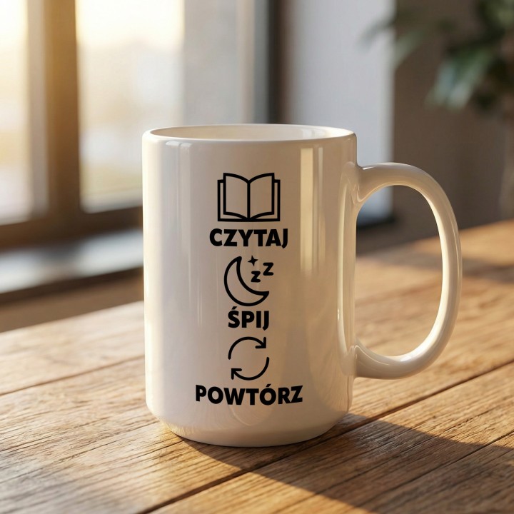 Kubek mola książkowego Czytaj Śpij Powtarzaj | Artystyczny prezent dla czytelnika