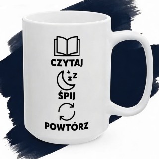 Kubek mola książkowego Czytaj Śpij Powtarzaj | Artystyczny prezent dla czytelnika