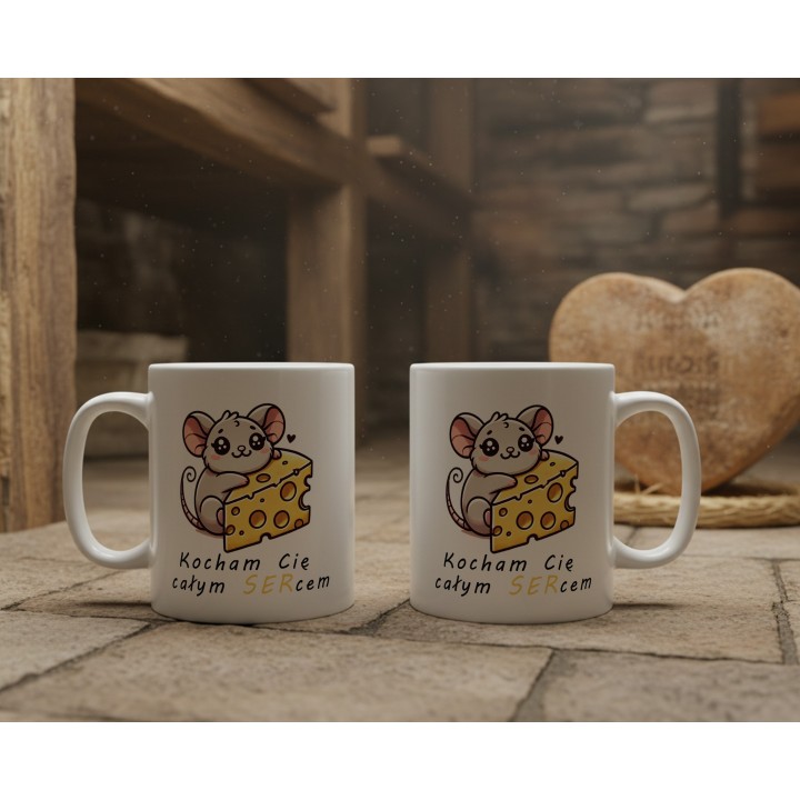 Kubek z nadrukiem myszka i ser „Kocham Cię całym SERcem” – prezent na Walentynki