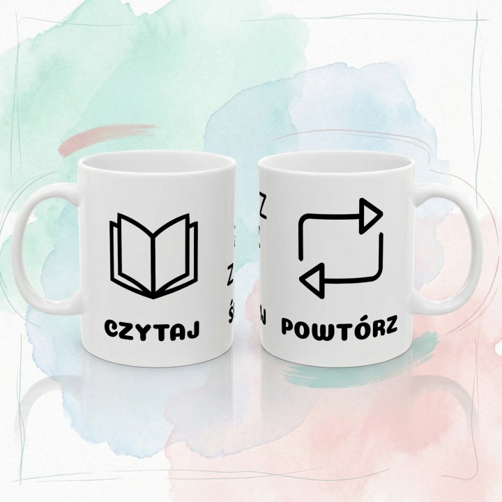 Kubek Czytaj Śpij Powtórz | Minimalistyczny prezent dla czytelnika mola książkowego