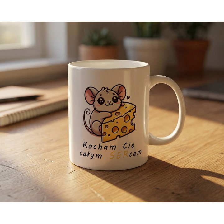Kubek z nadrukiem myszka i ser „Kocham Cię całym SERcem” – prezent na Walentynki